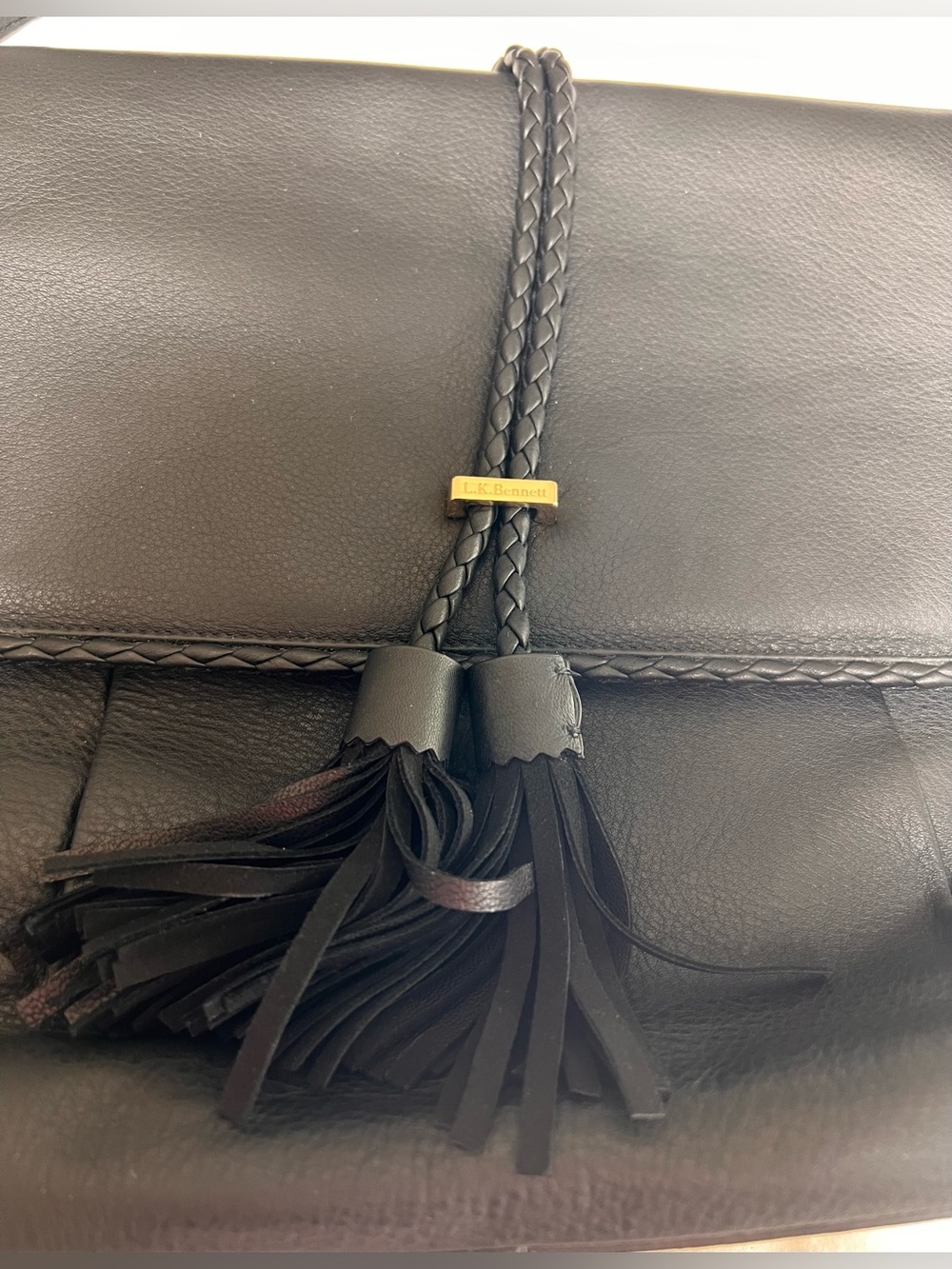 LK Bennett Black Leather Shoulder Bag with Braided Tassel with storage bag - Picture 7 of 15